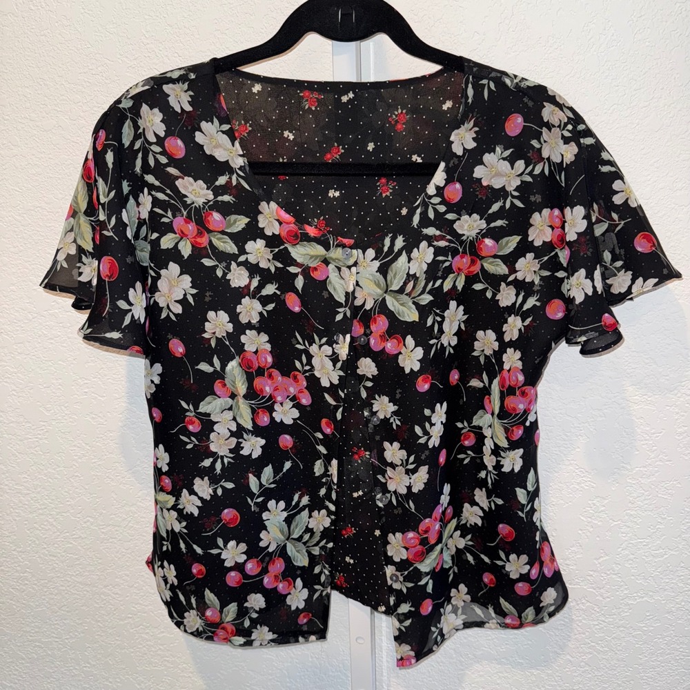 Vintage Y2K Reversible Top Button Sheer Floral Cherry Blouse Black Short Sleeve